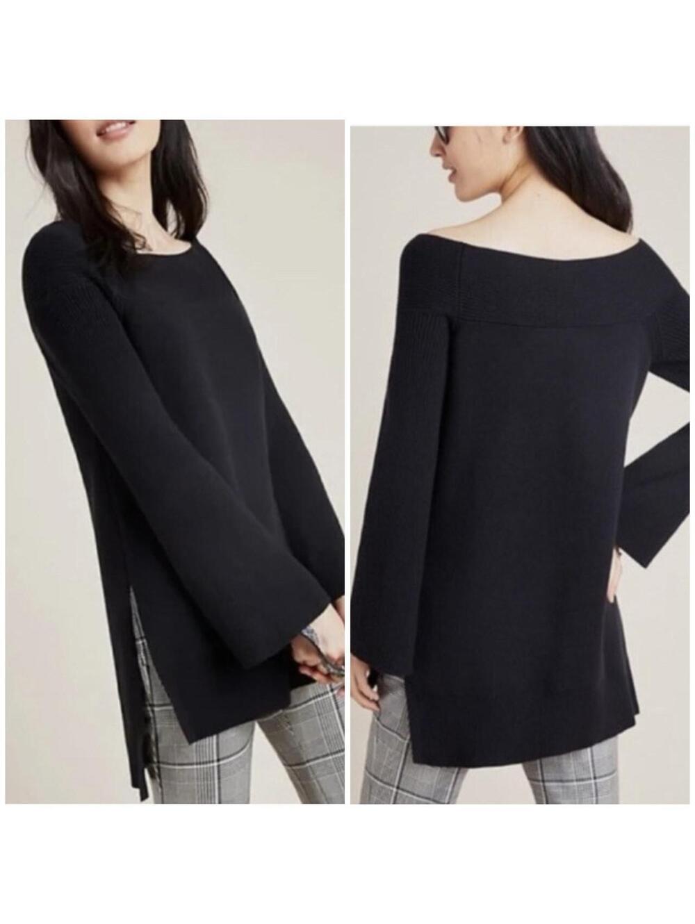 Anthropologie Elise Black Off the Shoulder Open Slit Tunic Sweater